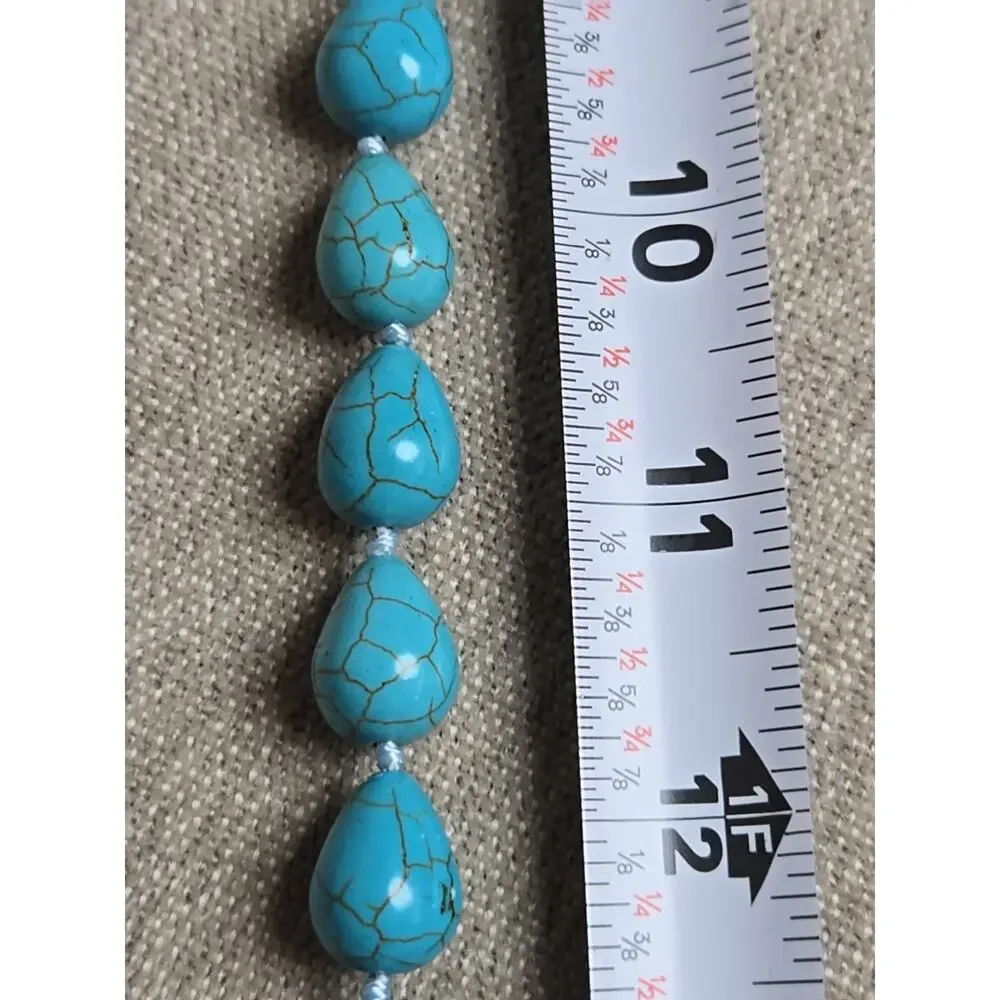 Turquoise Colored Dyed Necklace Silver Tone Tear Drop Beads Boho 18